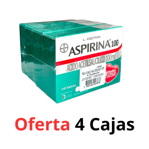 ASPIRINA 100 ACIDO ACETILSALICILICO 100 MG X 140 Tabletas OFERTA 4 CAJAS