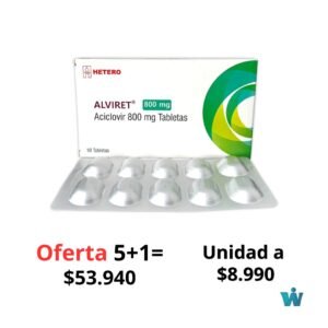 OFERTA 5+1 = $53.940  UNIDAD A $8.990 ALVIRET 800 MG ACICLOVIR X 10 TB HETERO INVIMA:2020M-0015667-R1 LOTE:EAV250702 FV:06/2027