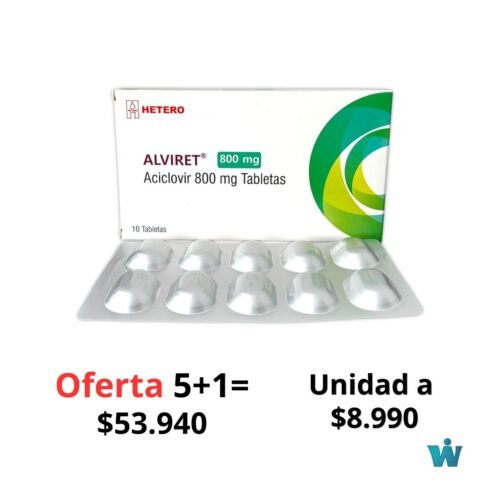 OFERTA 5+1 = $53.940 UNIDAD A $8.990 ALVIRET 800 MG ACICLOVIR X 10 TB HETERO INVIMA:2020M-0015667-R1 LOTE:EAV250702 FV:06/2027